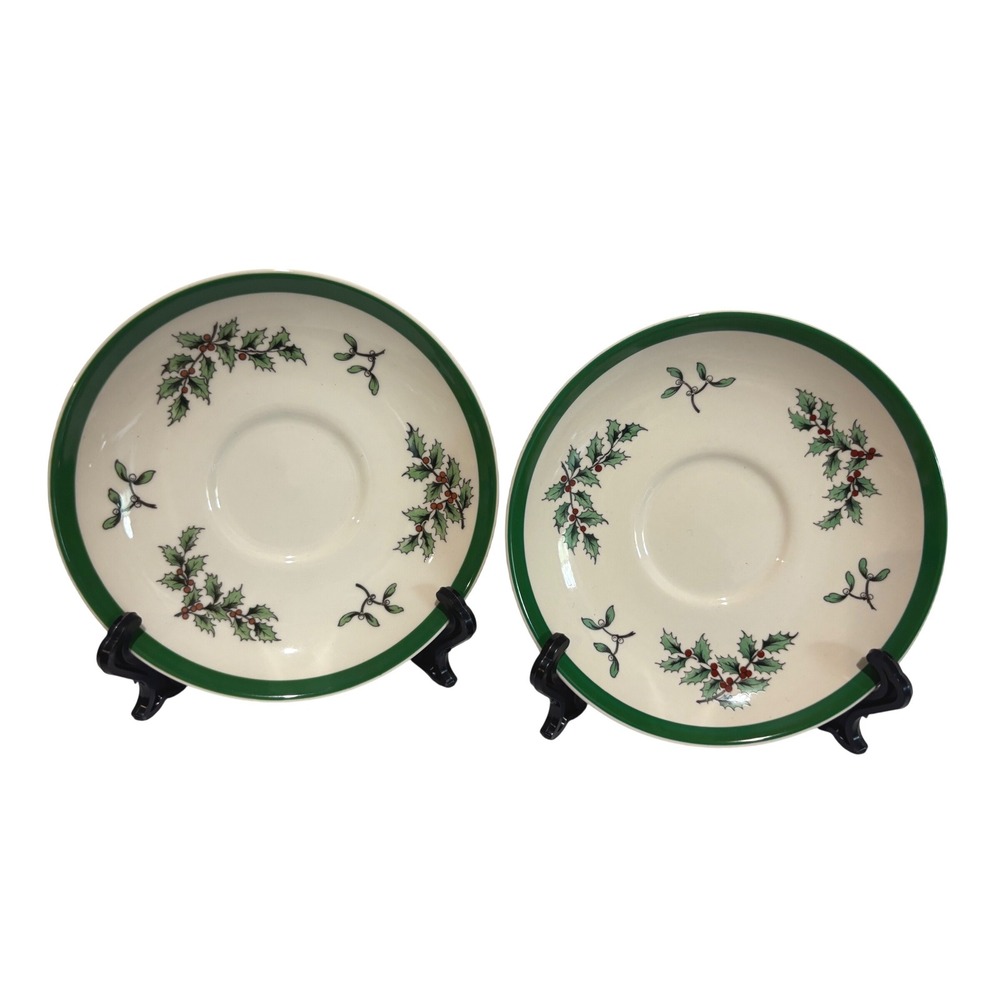 Spode Christmas Tree Tea Saucers Plates Set of 2 England S3324-U Holly Mistletoe